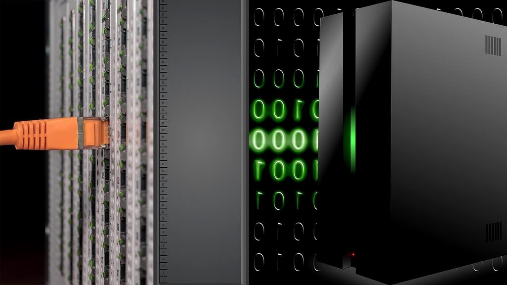 Modern data center with illuminated server racks